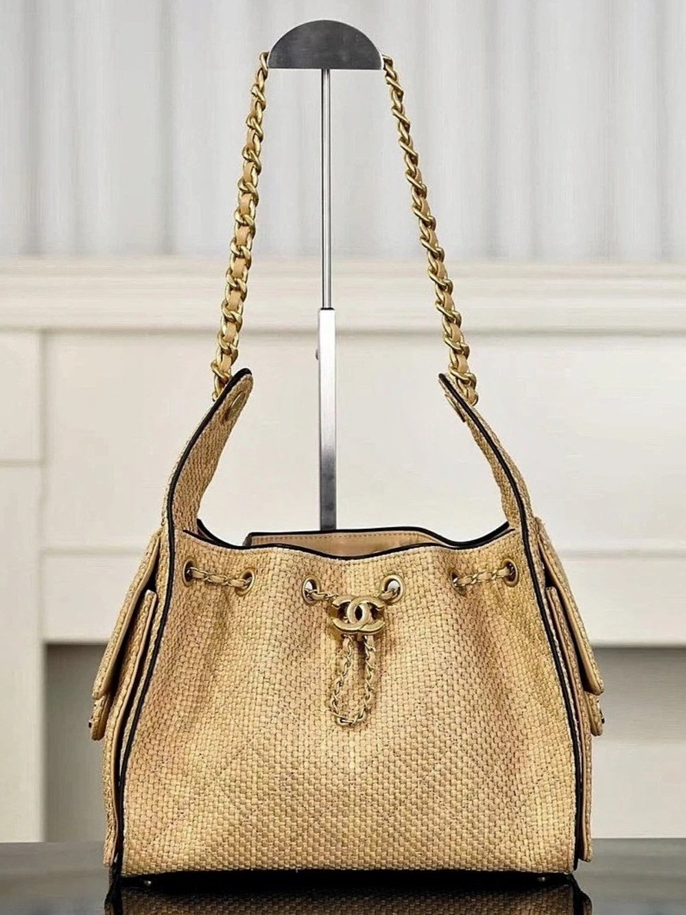 CC Raffia Drawstring 25 Mini Bucket Bag Tan - Picture 5 of 7